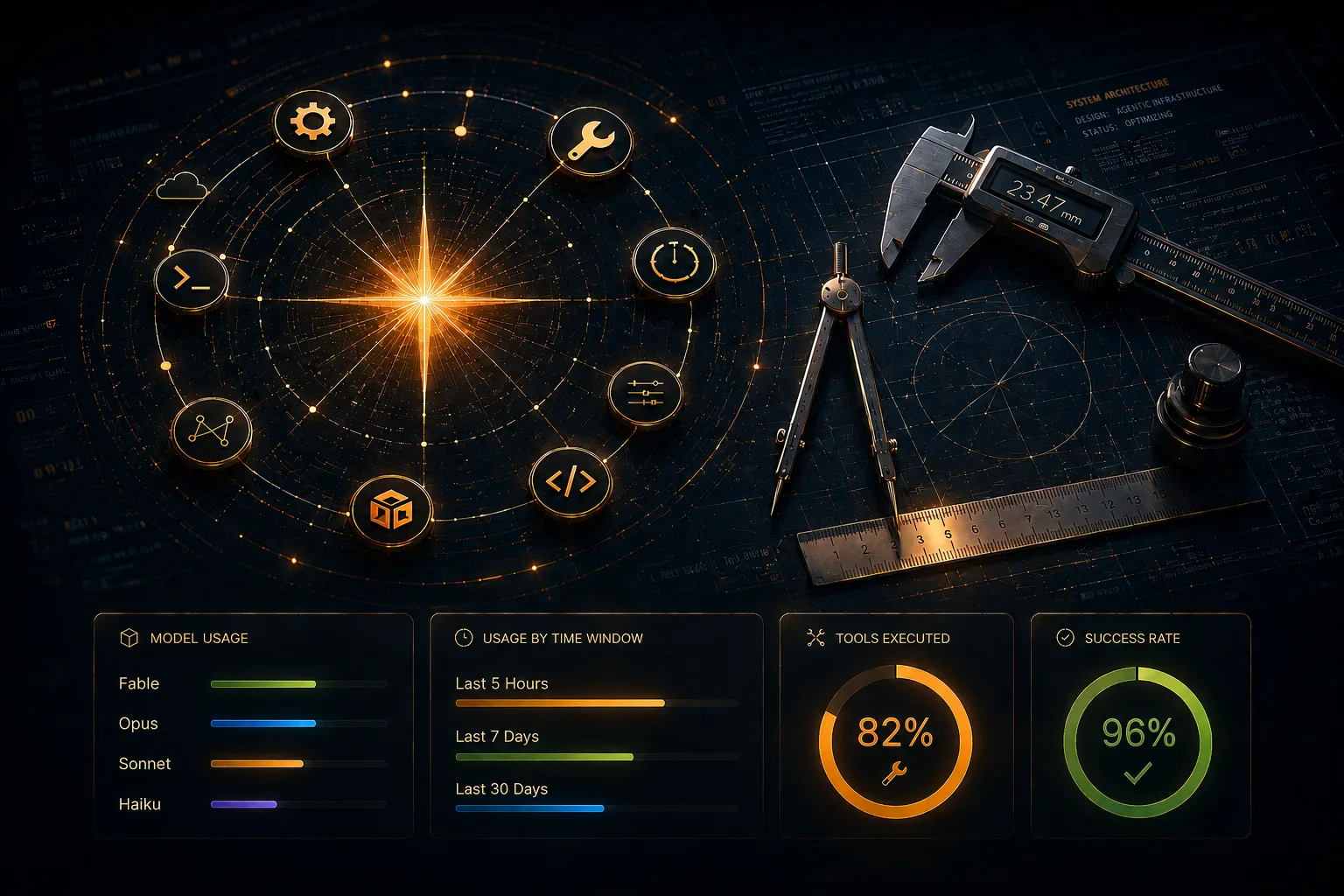 Claude Tools dashboard: orbiting tool icons around a starburst, precision measurement instruments, and panels for model usage (Fable, Opus, Sonnet, Haiku), usage by time window, tools executed, and success rate