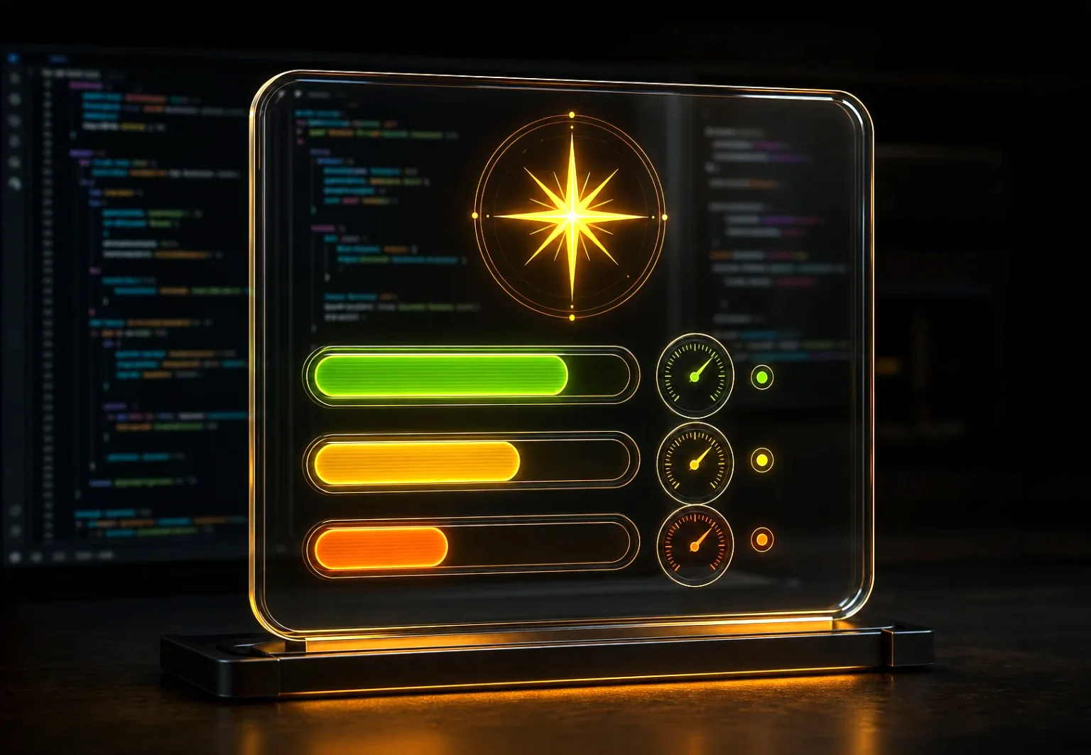 A glass instrument panel with three usage meters in green, gold and orange, gauges and a starburst emblem, over a visible code editor